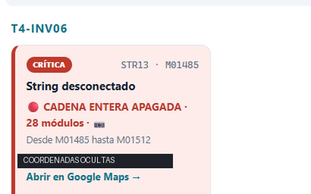 Ficha de anomalía crítica de un informe termográfico de DC Aerial Solutions: string desconectado, cadena entera apagada, 28 módulos afectados