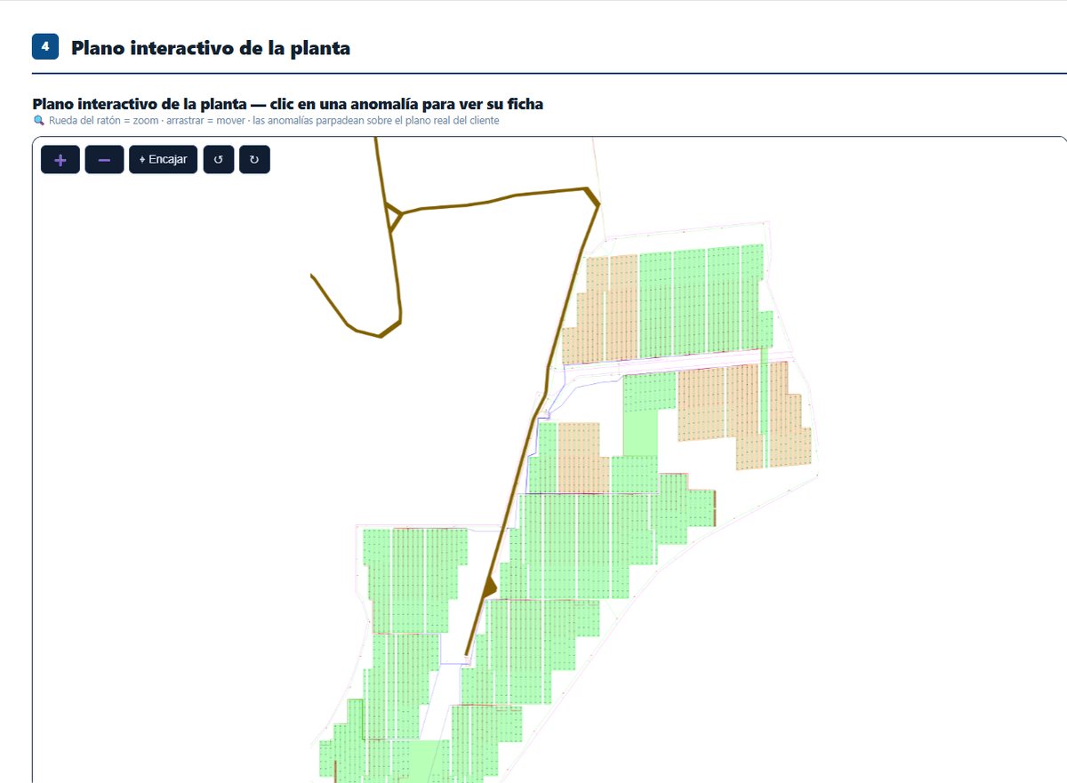 Plano interactivo de una planta fotovoltaica en el informe termográfico de DC Aerial Solutions, con las anomalías señaladas sobre el plano real del cliente