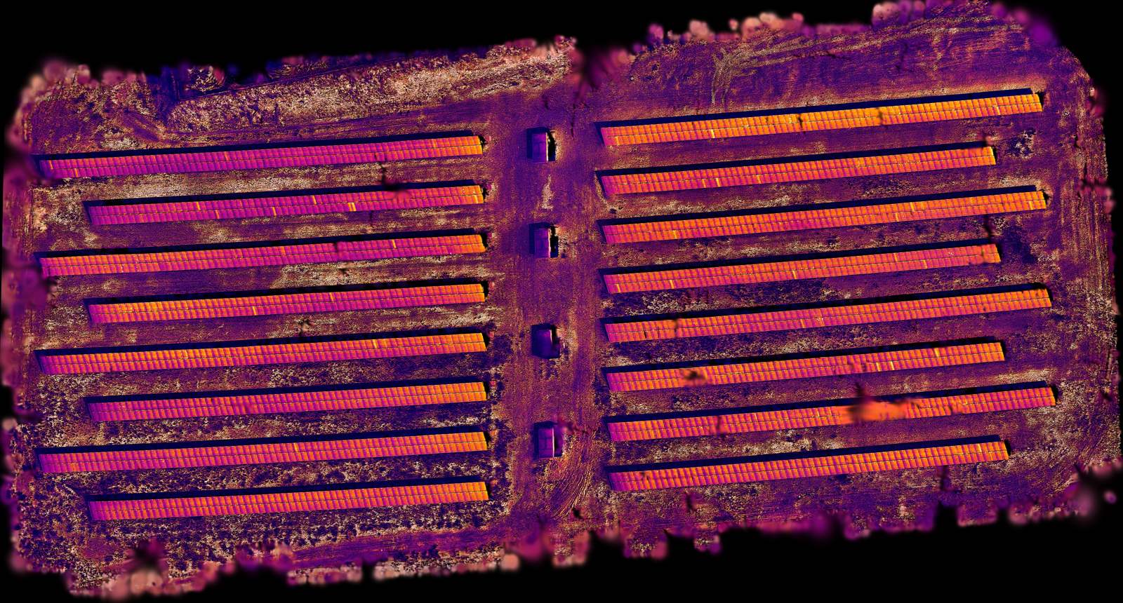 Ortomosaico térmico georreferenciado de una planta fotovoltaica completa generado con dron por DC Aerial Solutions